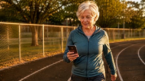 A senior woman checking her phone mid-walk on an outdoor track, genuinely engaged with her progress visualizing the ongoing, no-finish-line structure of a tier system that never disappears on her.
