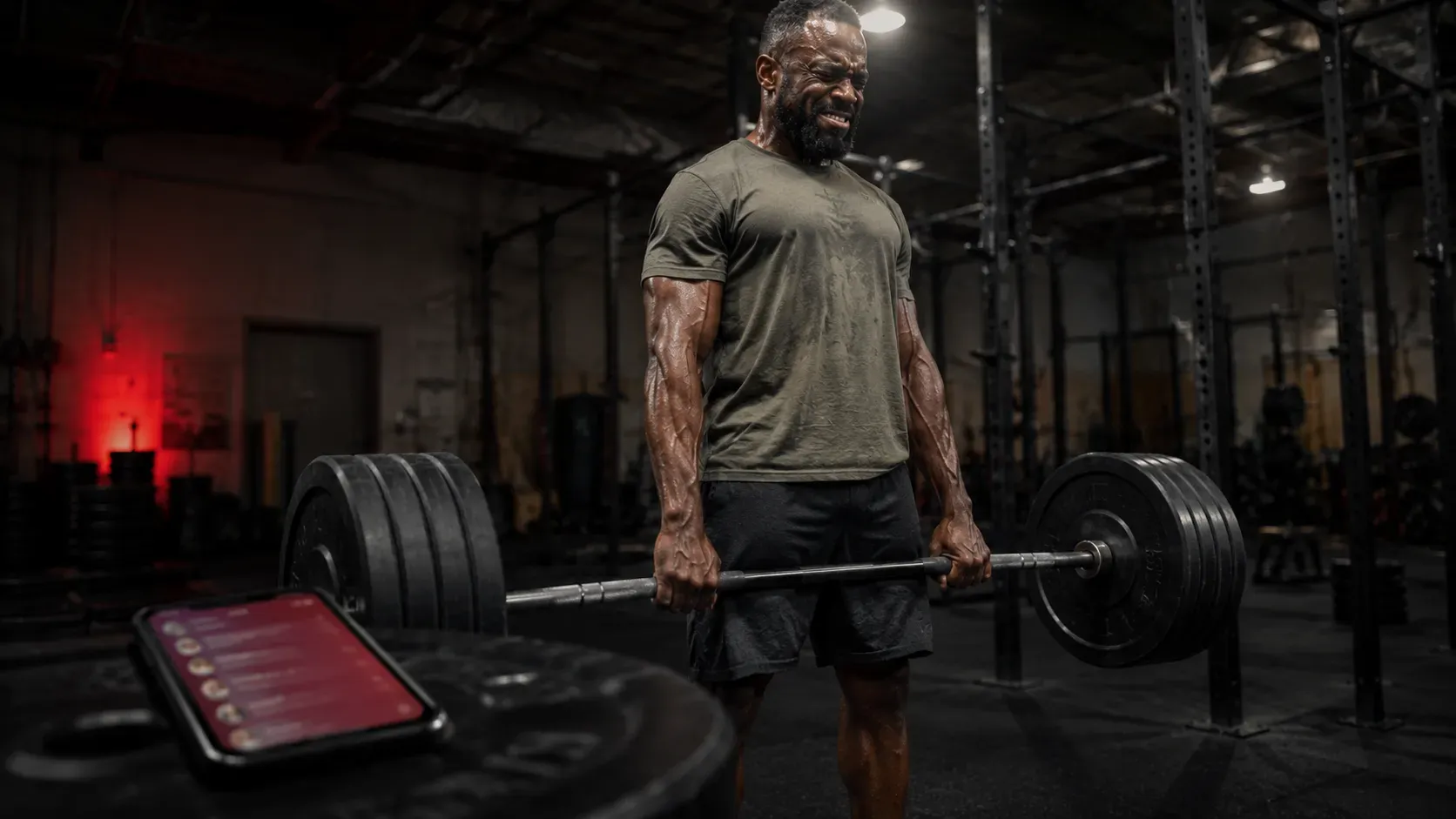 Black man performing a heavy deadlift in a commercial gym, with a smartphone showing a blurred fitness leaderboard in the foreground.