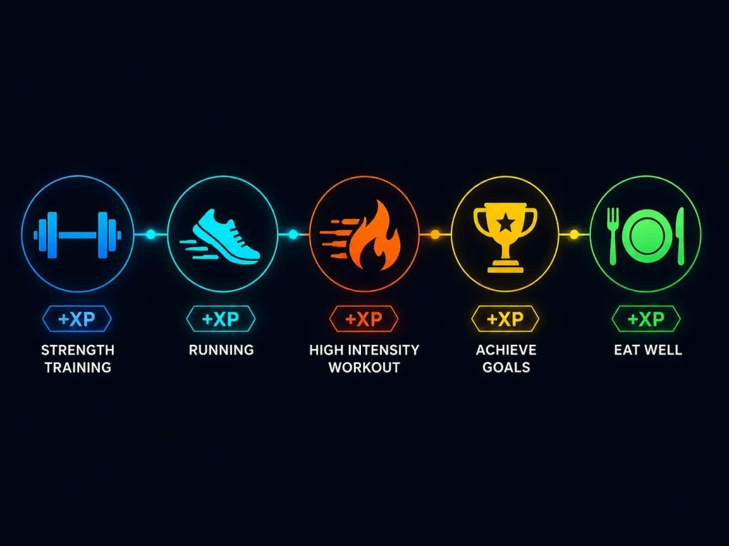 Icons showing fitness actions that earn XP points in a gamified workout app.