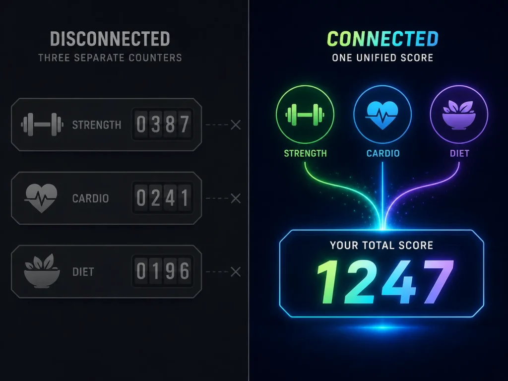Comparison of fragmented fitness app points versus one unified XP score.