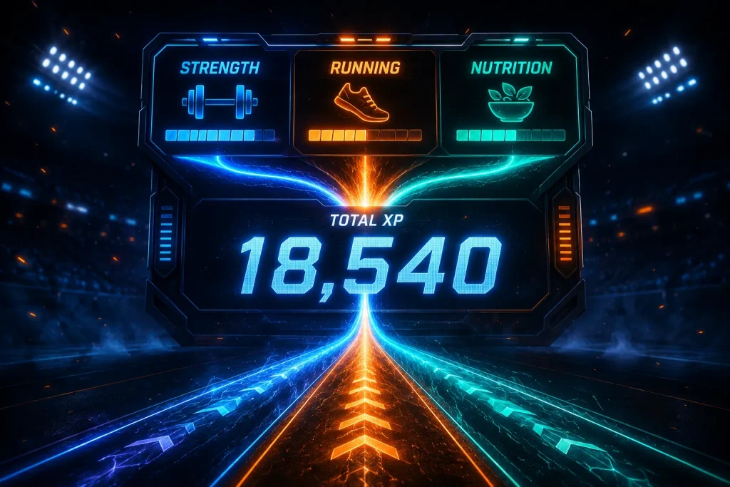 XP system for fitness explained, glowing scoreboard combining strength, running, and nutrition.