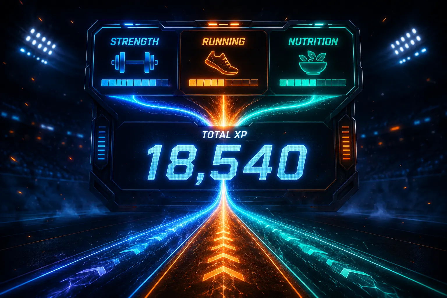 XP system for fitness explained, glowing scoreboard combining strength, running, and nutrition.