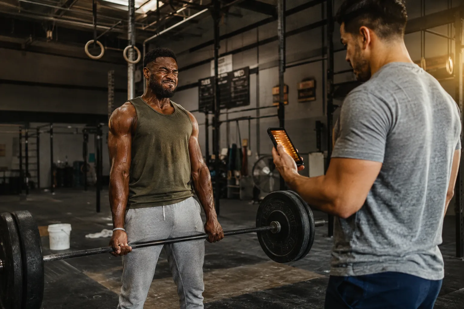 Two friends compete with friends at the gym, one finishing a barbell lift while the other checks a leaderboard on his phone.