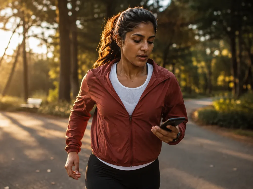 A runner checks her friend's progress on a phone mid-trail run, illustrating why competing with friends at the gym drives harder effort.