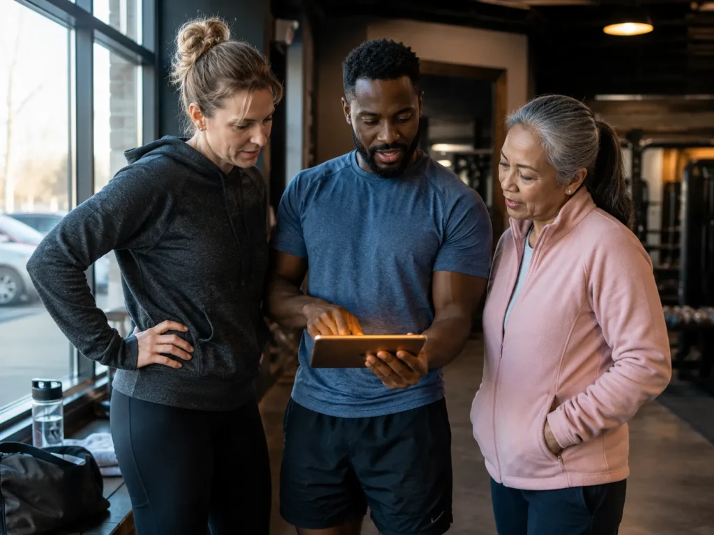 Three friends of different ages and training styles review a shared leaderboard together, showing how fair scoring helps compete with friends at the gym long-term.