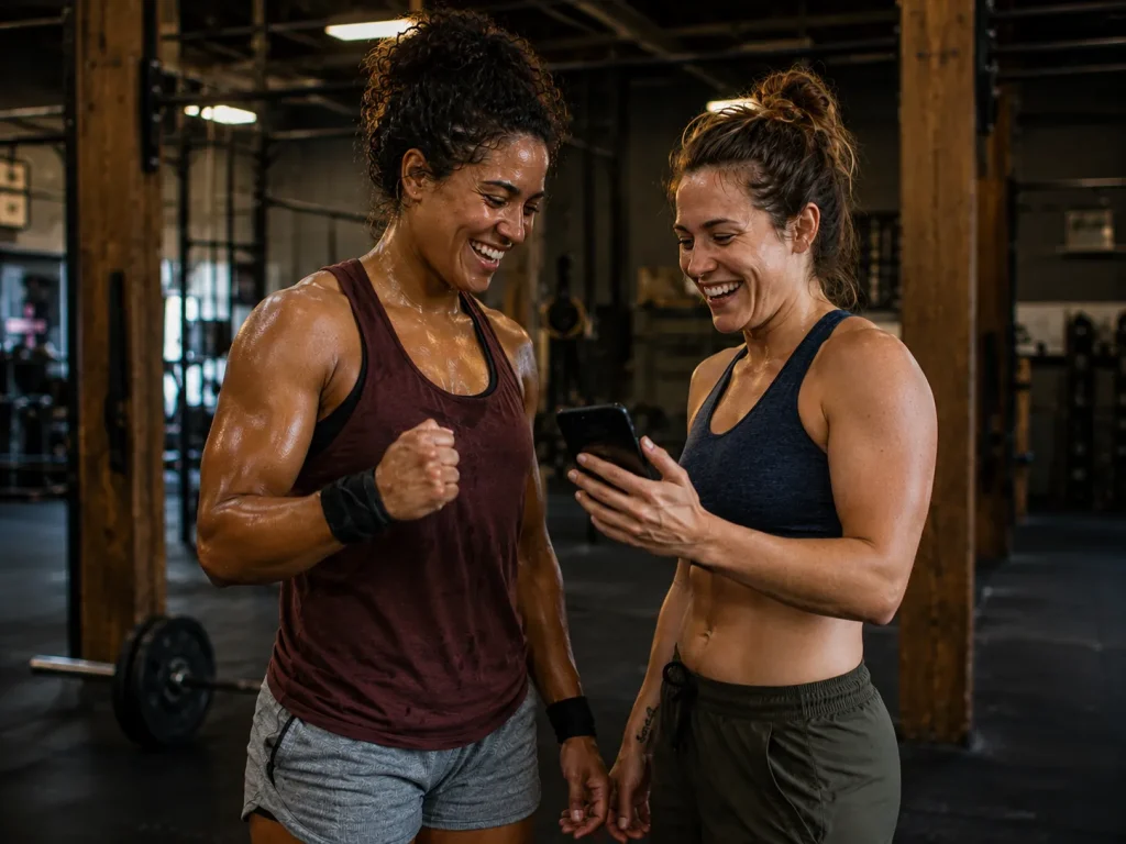 Two women celebrate a league ranking update on a phone inside a gym, capturing the rivalry that makes competing with friends at the gym last beyond week one.