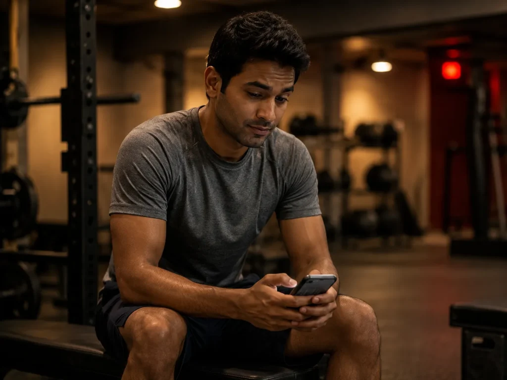Man reviewing fitness app data on phone between sets, illustrating the research behind gamification in health and fitness