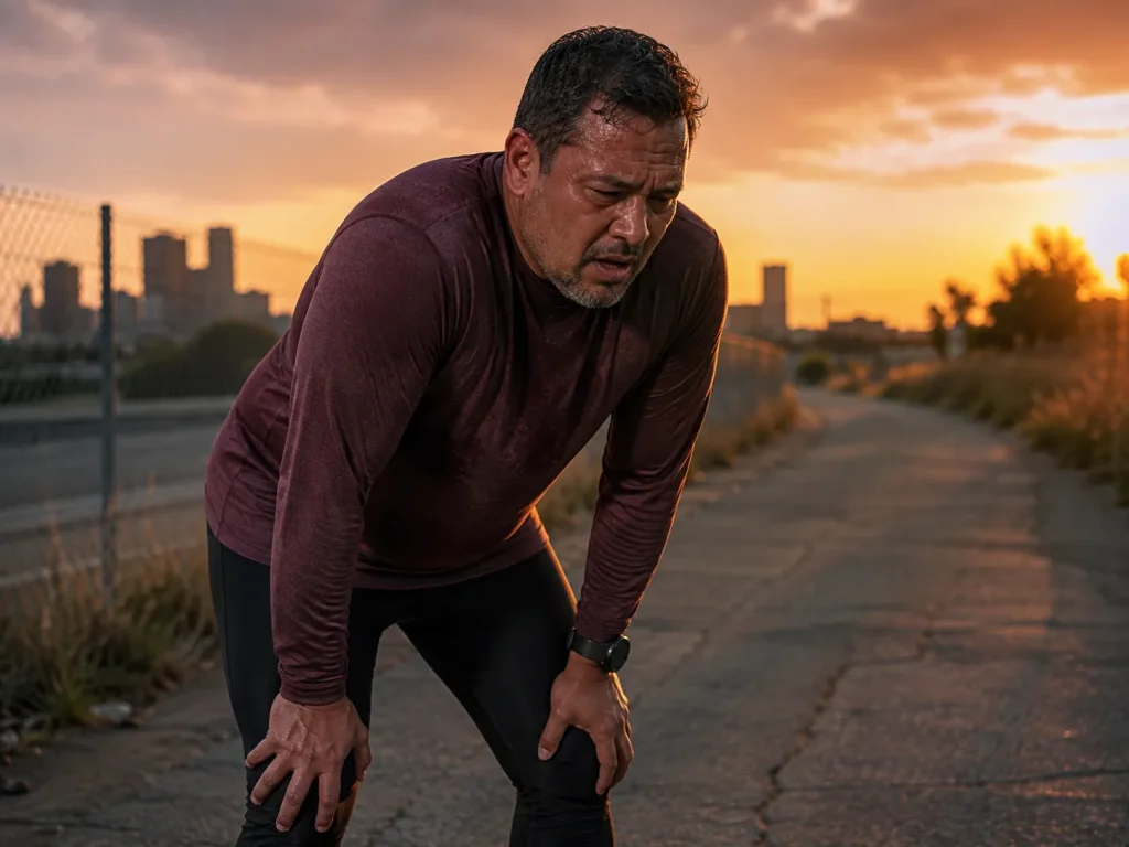 Tired runner stopped on urban trail mid-streak, capturing the fragile mechanic at the heart of gamification in health and fitness