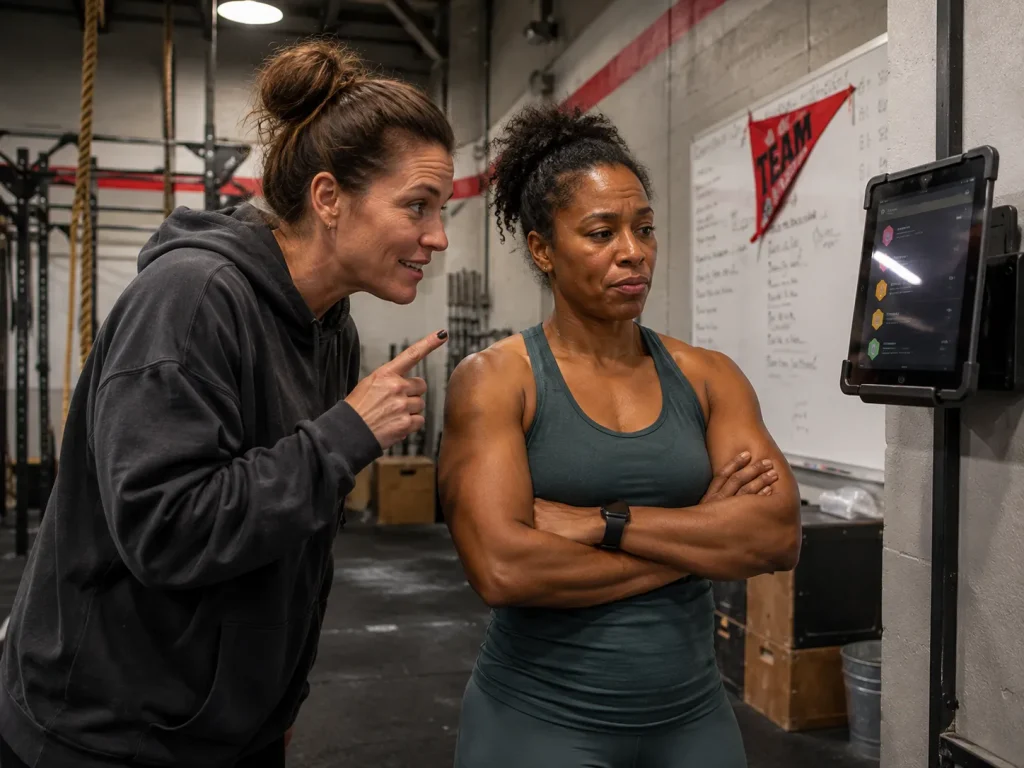 Two women reacting differently to a gym leaderboard tablet, showing the double-edged nature of gamification in health and fitness