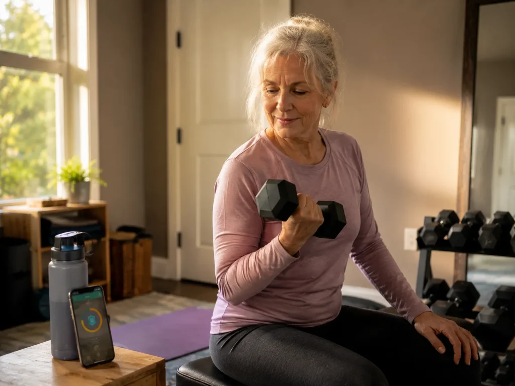 Woman in her 60s doing dumbbell curls at home with fitness app visible beside her, showing accessible gamification in health and fitness