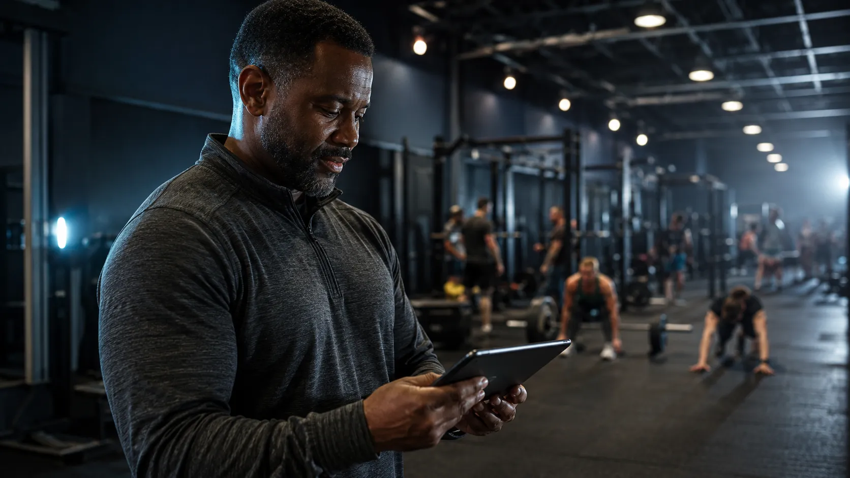 Gym trainer reviewing member standings on a tablet during an active gym challenge for members on the training floor.