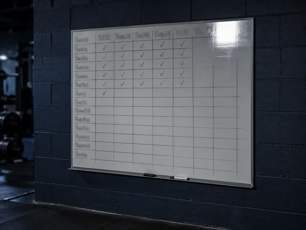 Partially updated whiteboard tracking a gym challenge for members, with a dry-erase marker left uncapped on the ledge.