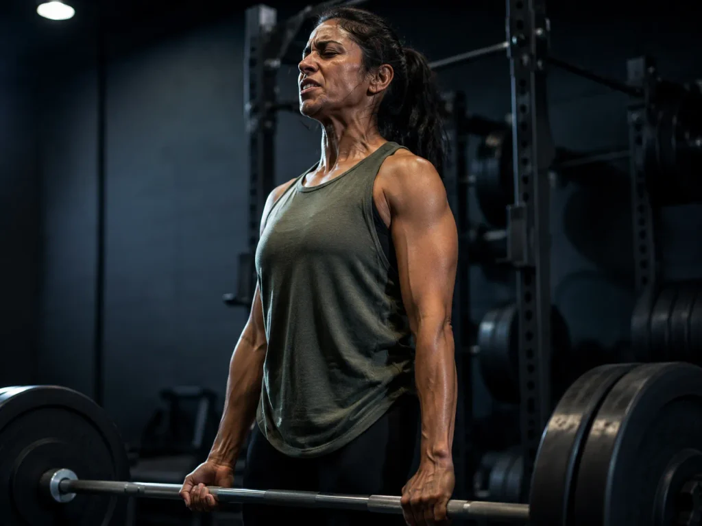 Woman completing a deadlift lockout during an individual gym challenge for members, mid-effort under hard gym lighting.