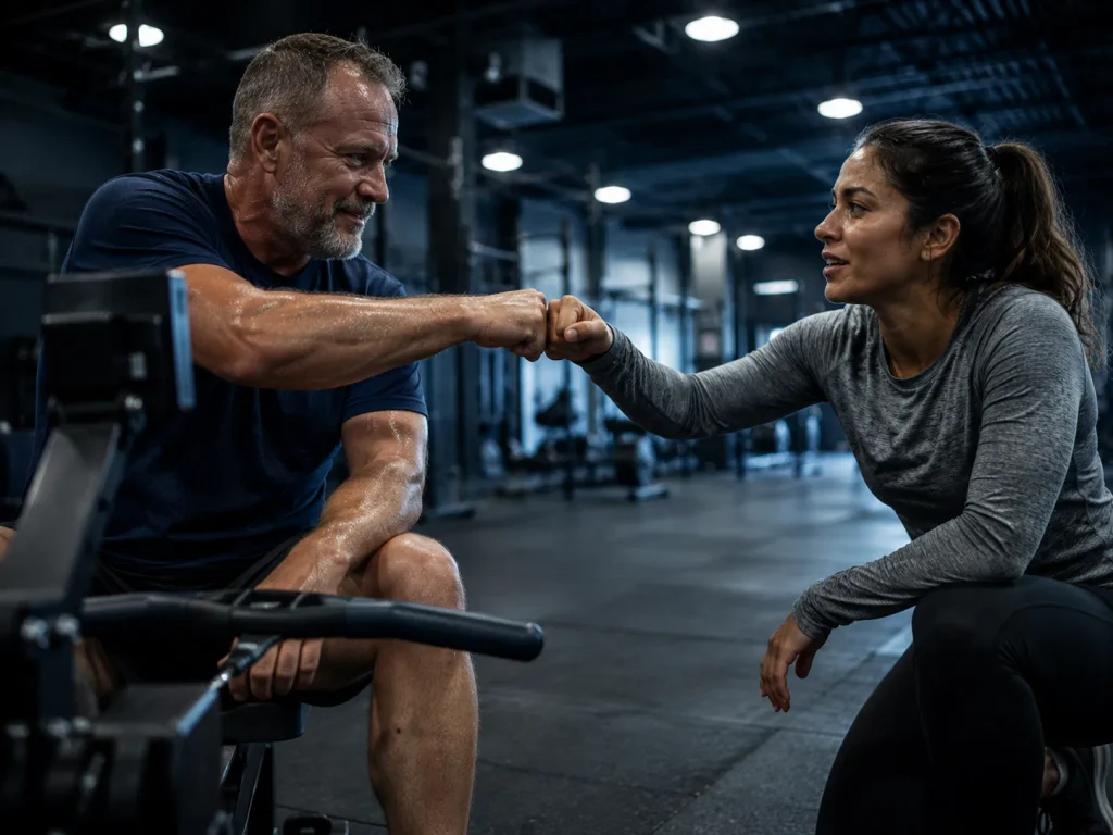 Two gym members sharing a fist-bump after a team relay segment in a group gym challenge for members.