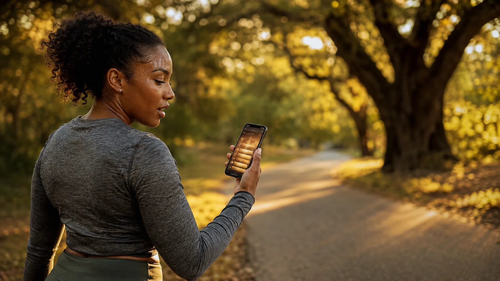 Runner pausing on a sunlit trail to check her state fitness competition app leaderboard ranking on her phone.