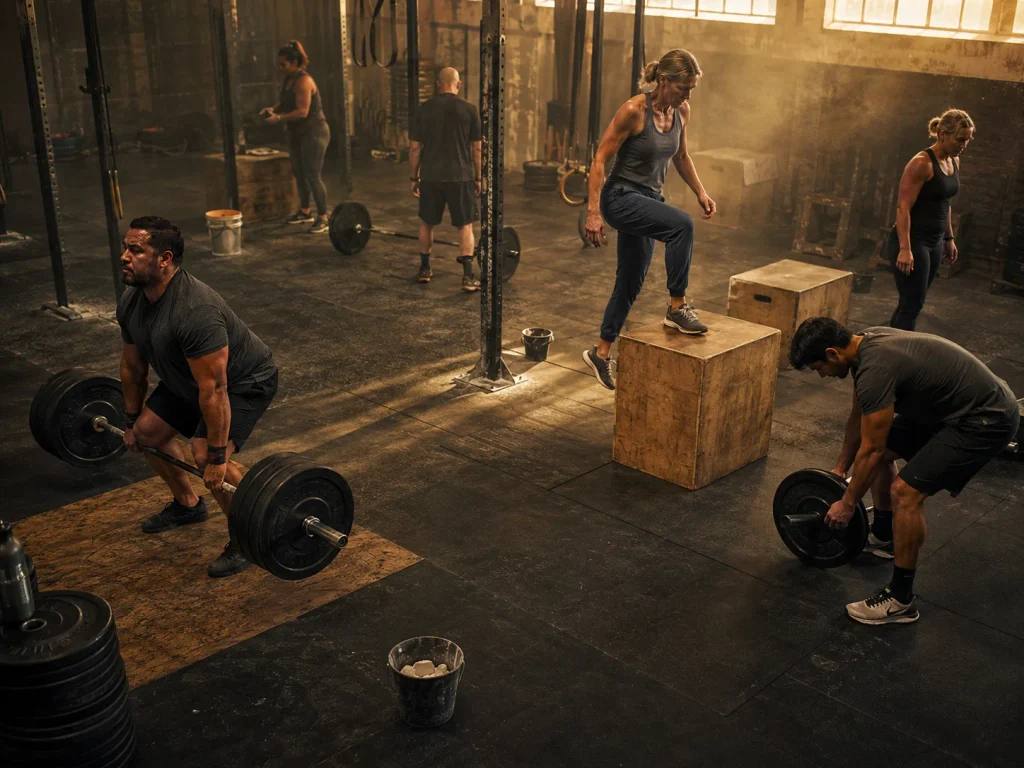 Diverse group of athletes training on a gym floor, representing the regional pool of a state fitness competition app.
