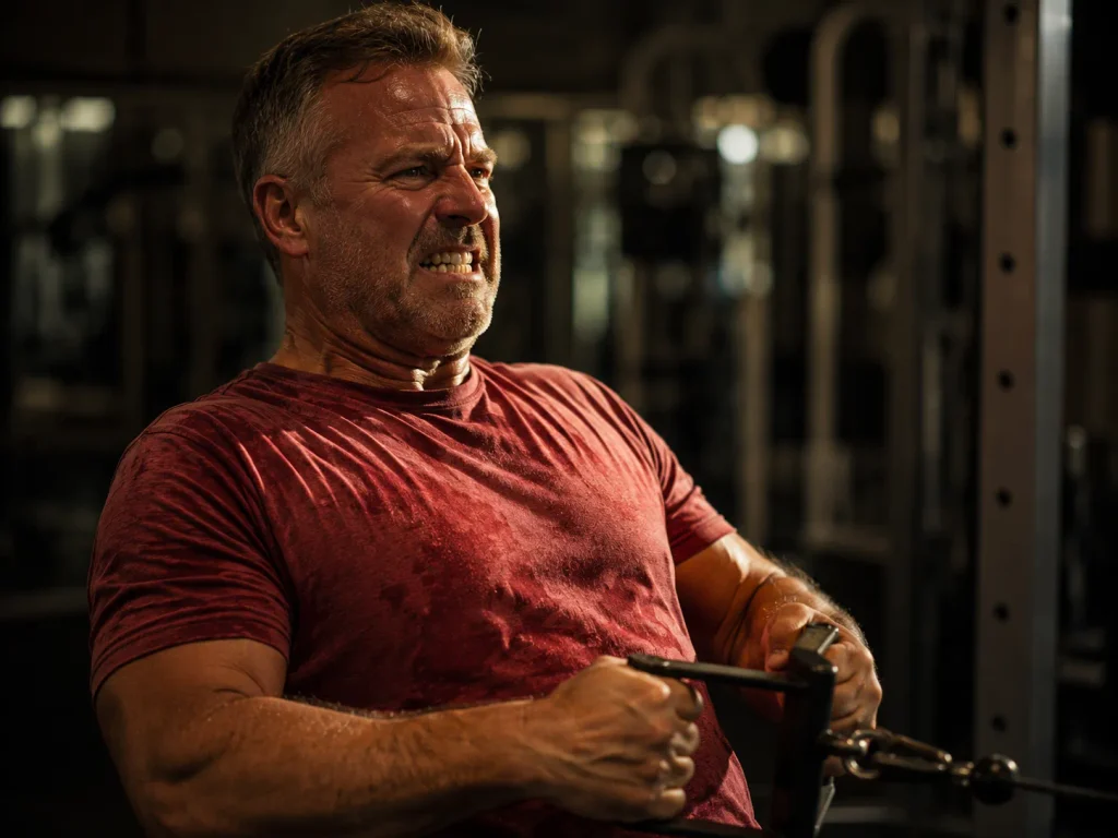 Man in his late 50s grinding through a cable row, showing the sustained effort a state fitness competition app motivates.