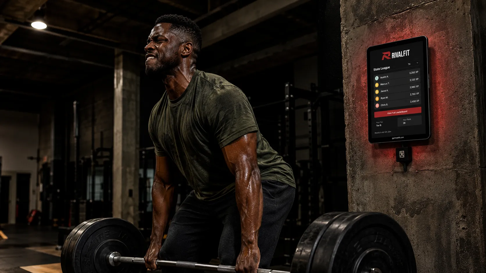 Man mid-barbell pull in a dim gym with a tiered leaderboard screen glowing behind him, illustrating fantasy sports but for fitness.