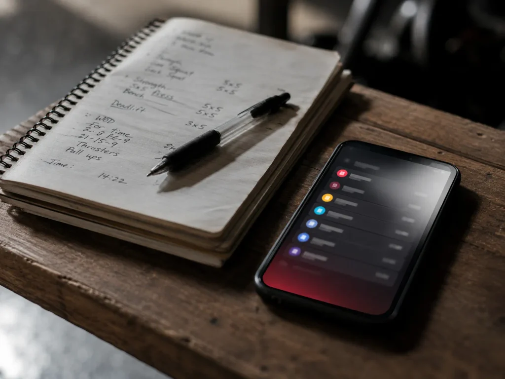 Training journal and phone showing a blurred leaderboard shape on a gym bench, representing fantasy sports but for fitness structure.