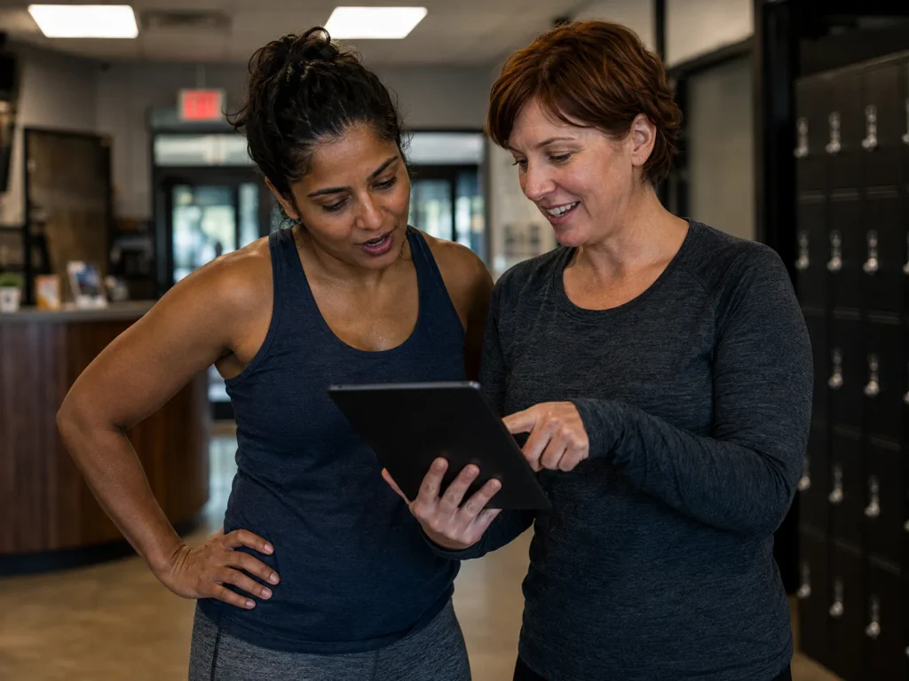 Two women in a gym lobby reviewing a shared leaderboard tablet, showing how fantasy sports but for fitness uses a defined league.