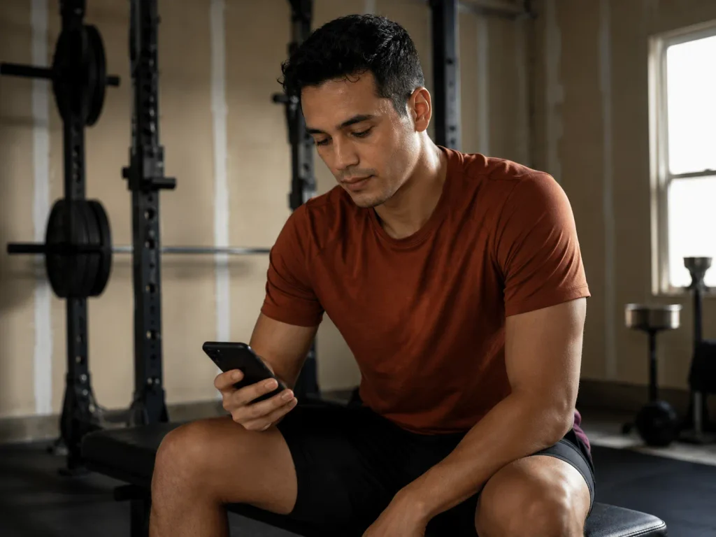 Man on a weight bench blankly scrolling a habit tracker on his phone, illustrating what fantasy sports but for fitness apps get wrong.