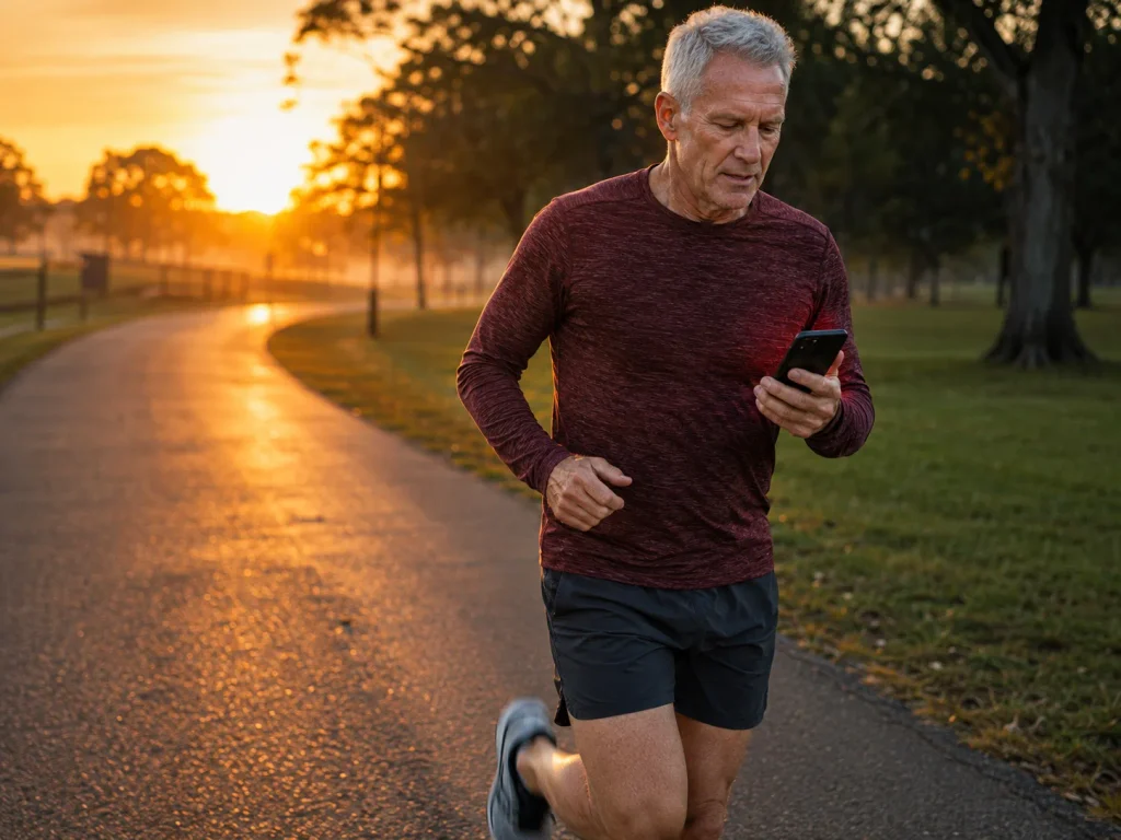 Senior man mid-run checking a tier-standings screen on his phone at sunrise, representing the weekly reset in fantasy sports but for fitness.