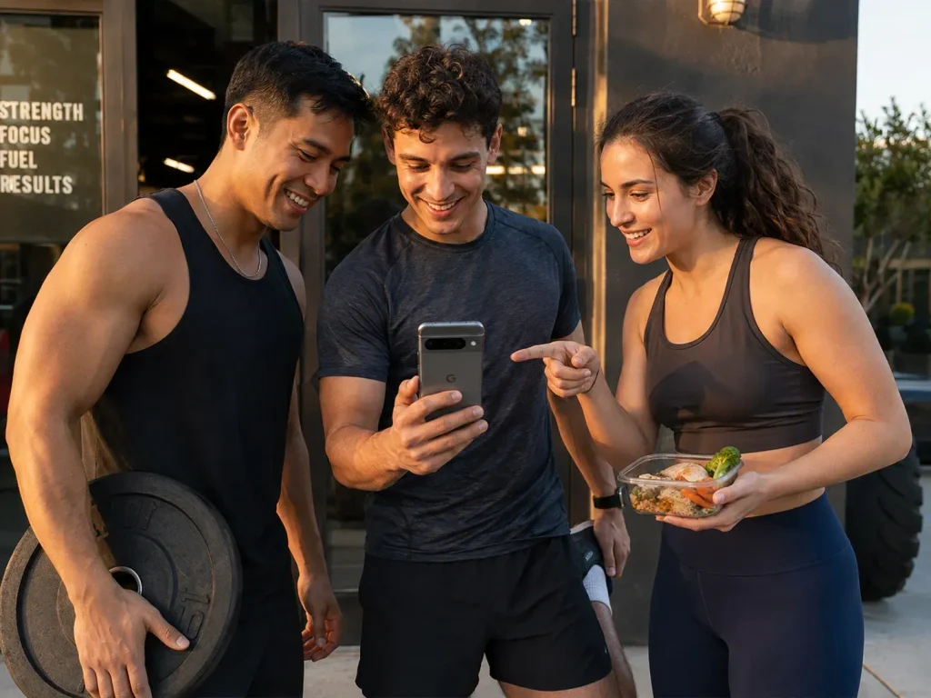 A lifter, a runner, and someone focused on nutrition looking at one combined team score on a shared smartphone app