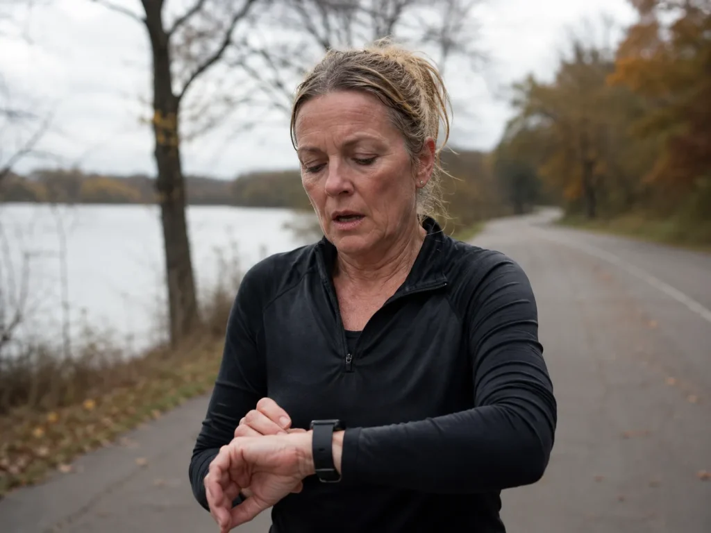Woman checking her running watch outdoors after a run, tracking personal progress instead of a global leaderboard ranking