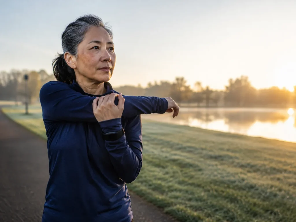 Woman stretching outdoors in early morning light, representing a weekly fresh start rather than a rigid daily streak
