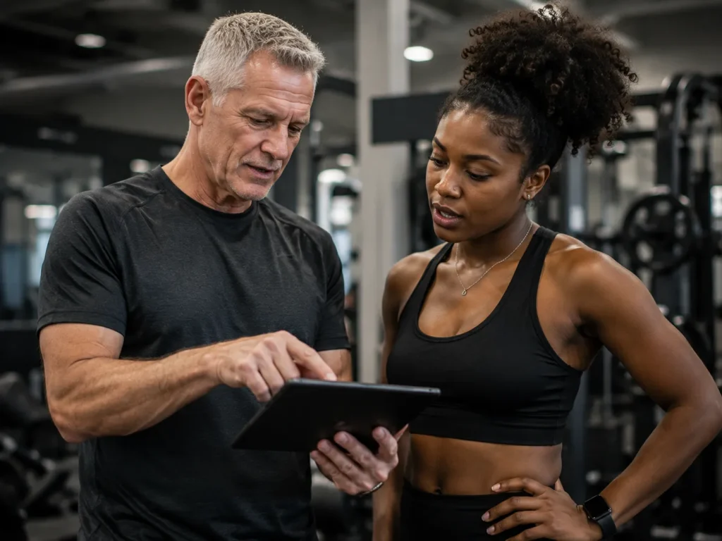 Trainer reviewing long-term training progress with a client on a tablet, representing permanent progression beneath a weekly reset