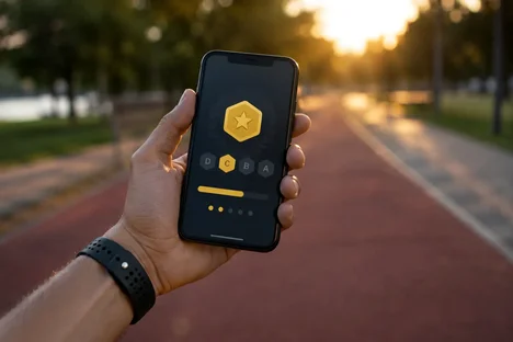 Runner checking state league tier rank and progress on phone outdoors.