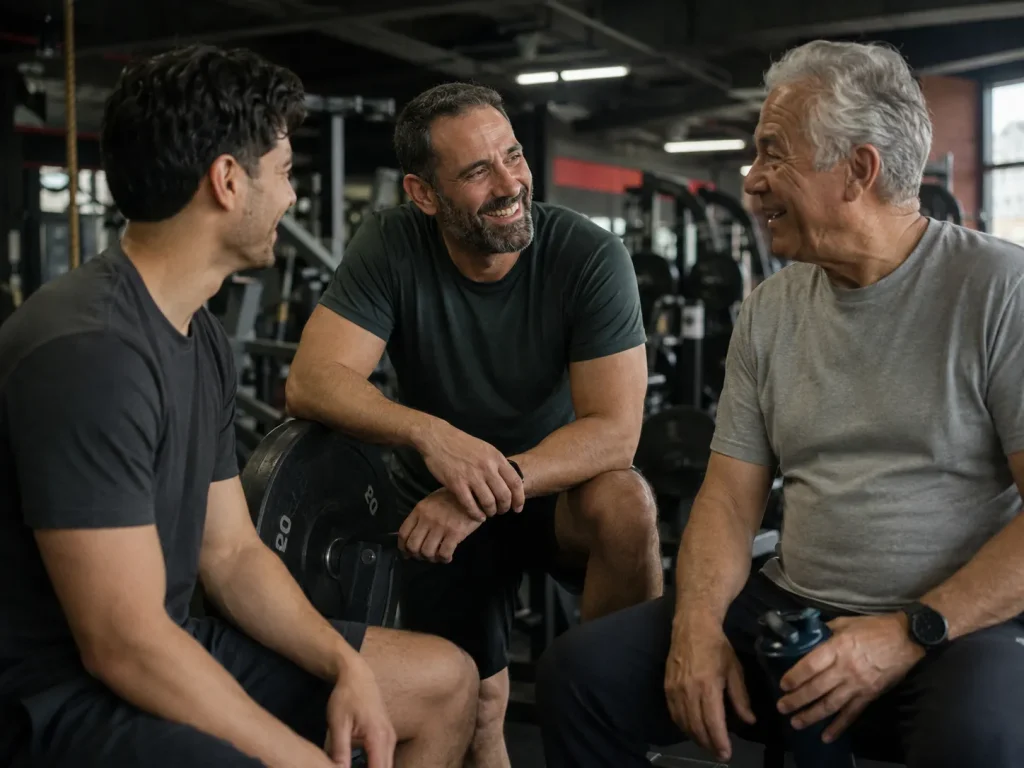 Three gym members of different ages talking and laughing during a rest break, showing the social side of workout motivation