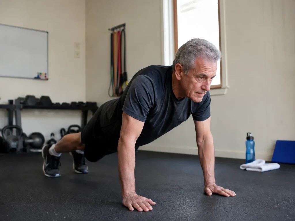 Man in his 60s doing a push-up in a home gym, representing accessible fitness gamification for the Free Agent tier