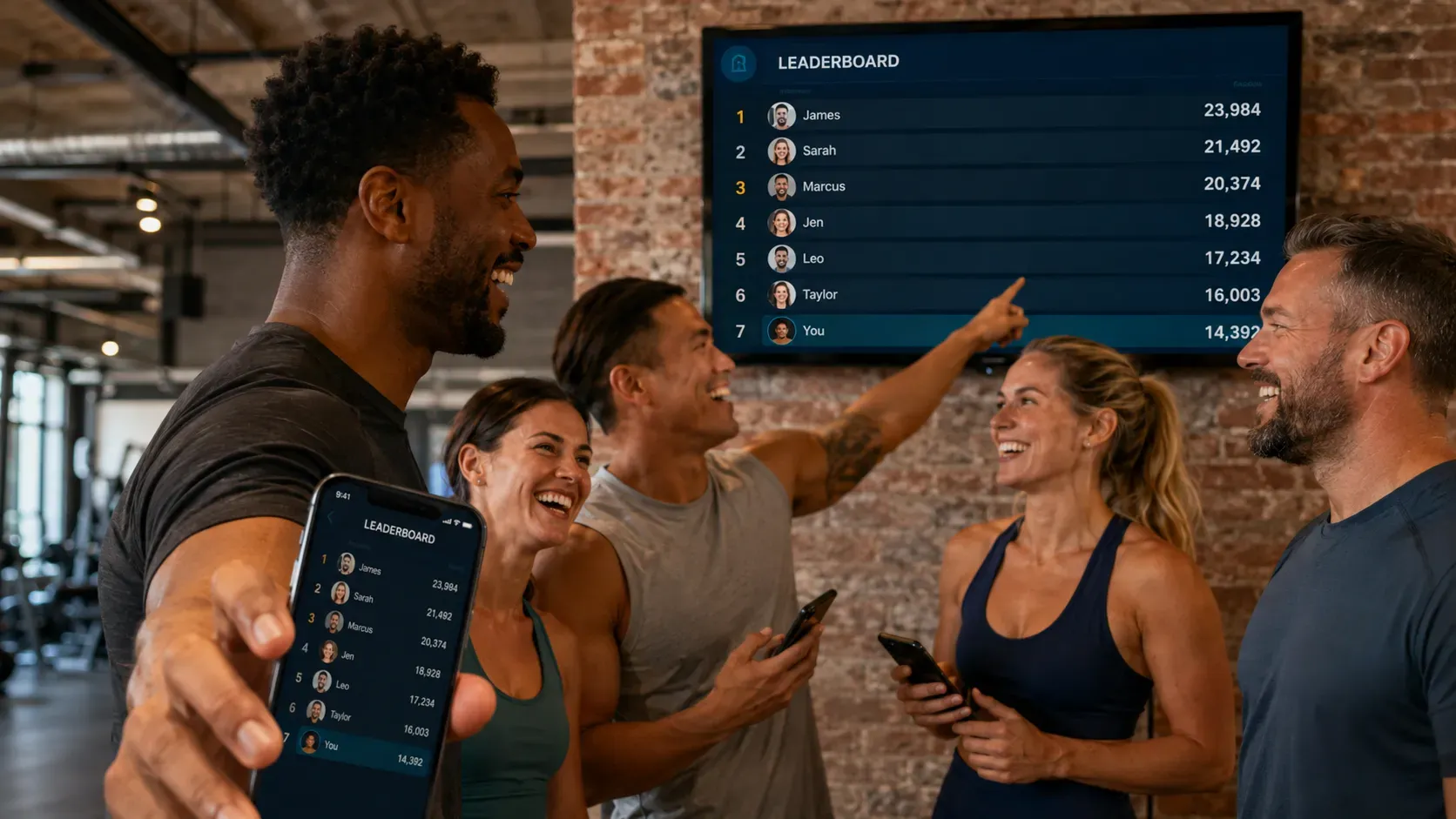 Diverse group of teammates checking their team fitness challenge leaderboard together on a gym wall screen and smartphone