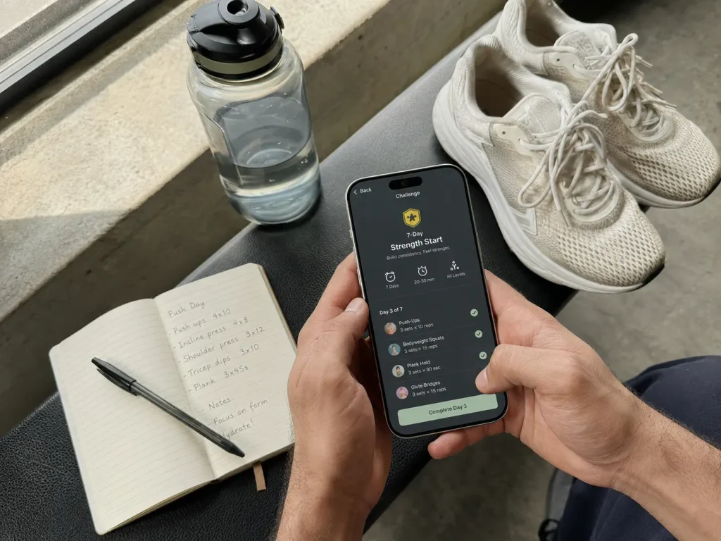 Smartphone showing a fitness challenge app on a gym bench next to running shoes and workout notes