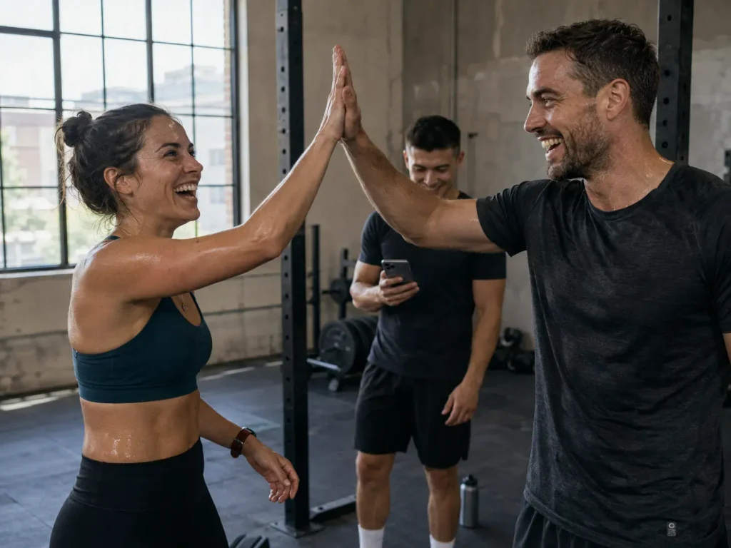 Two teammates high-fiving mid-workout while a third tracks progress on a phone, showing team accountability in action