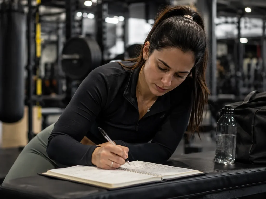 Woman writing in a paper training log at the gym, reflecting the identity and consistency behind workout streaks