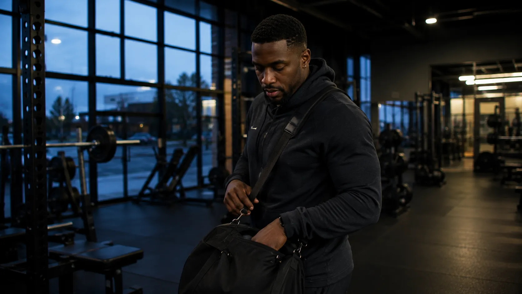 Man arriving at an empty gym at sunrise on a Monday morning, representing a fresh weekly start to training