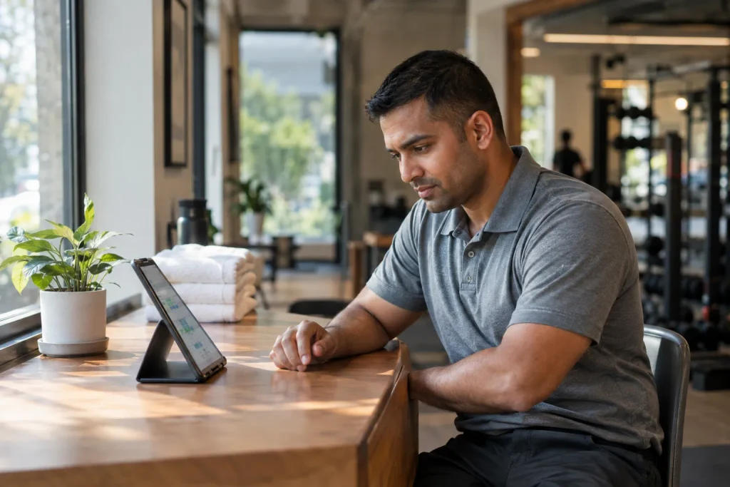 Coach spotting an early attendance drop-off signal on a tablet at the front desk