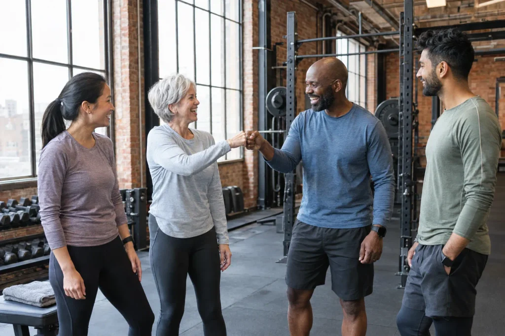 Members of different ages sharing a laugh at a boutique gym, building gym member engagement.
