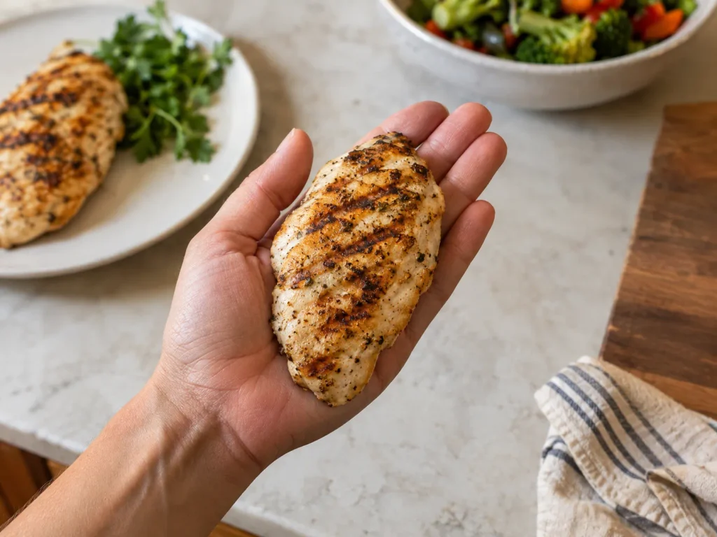 Meeting a daily protein target with a modest, evenly portioned evening meal.