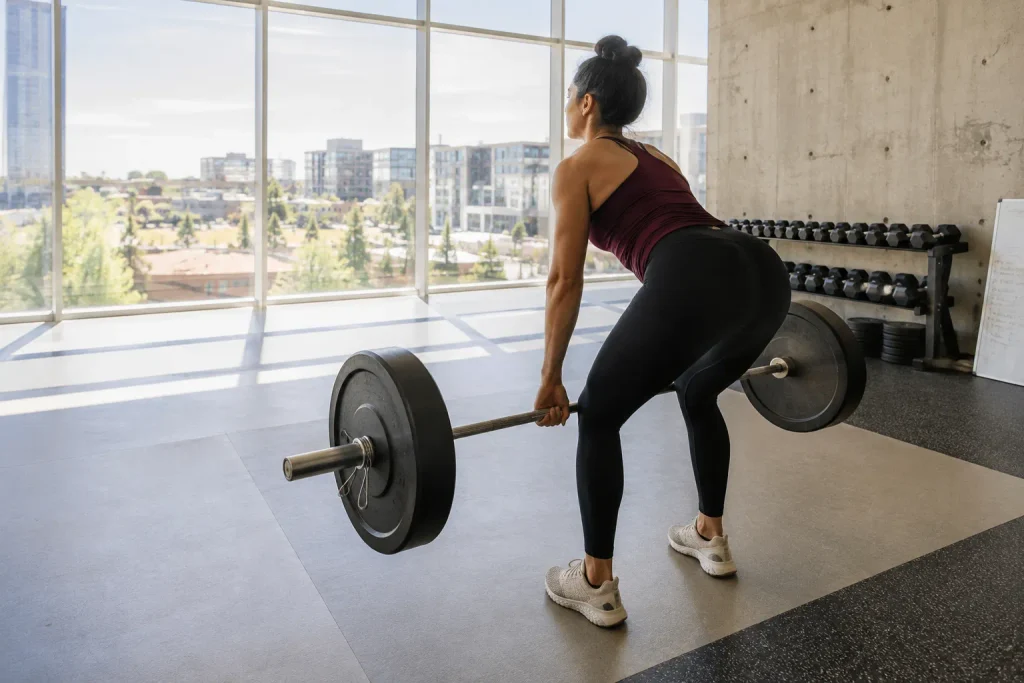 Woman performing a heavy barbell deadlift, representing load progression as one method of applying progressive overload