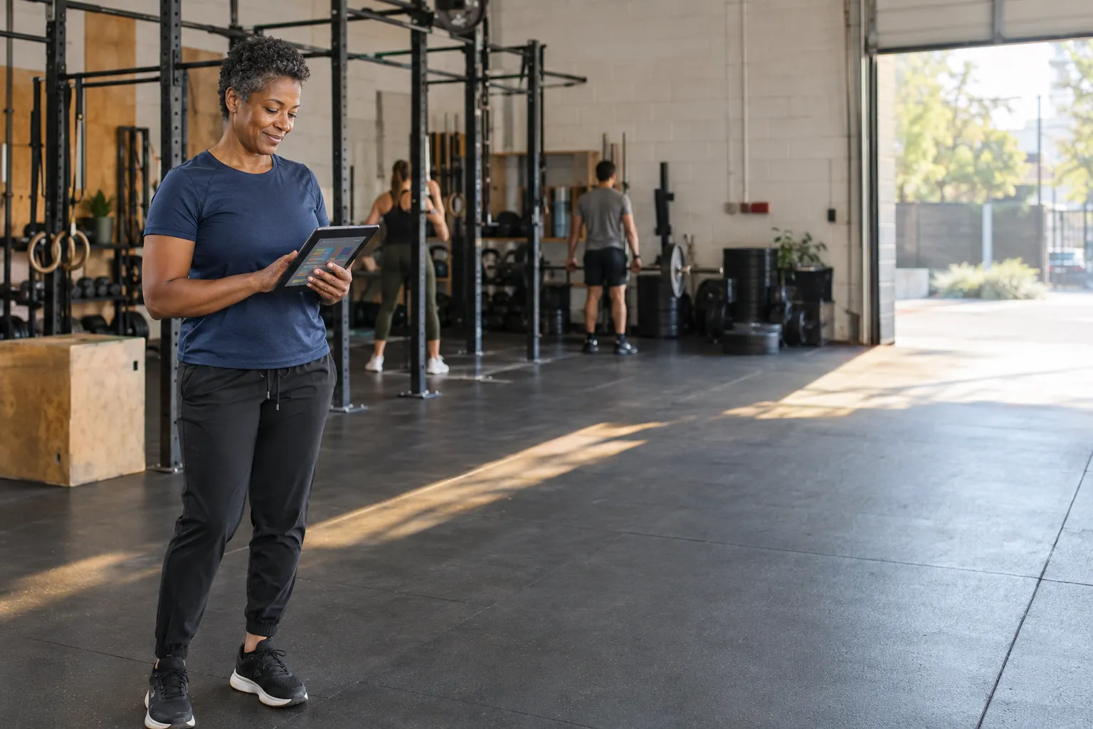 Gym owner reviewing member standings on a tablet, applying gamification strategies for gyms.