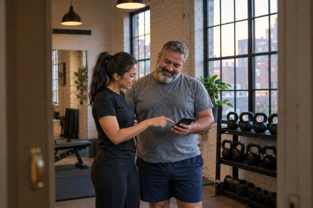Trainer and client reviewing progress on a phone during a session, a way to gamify your gym.