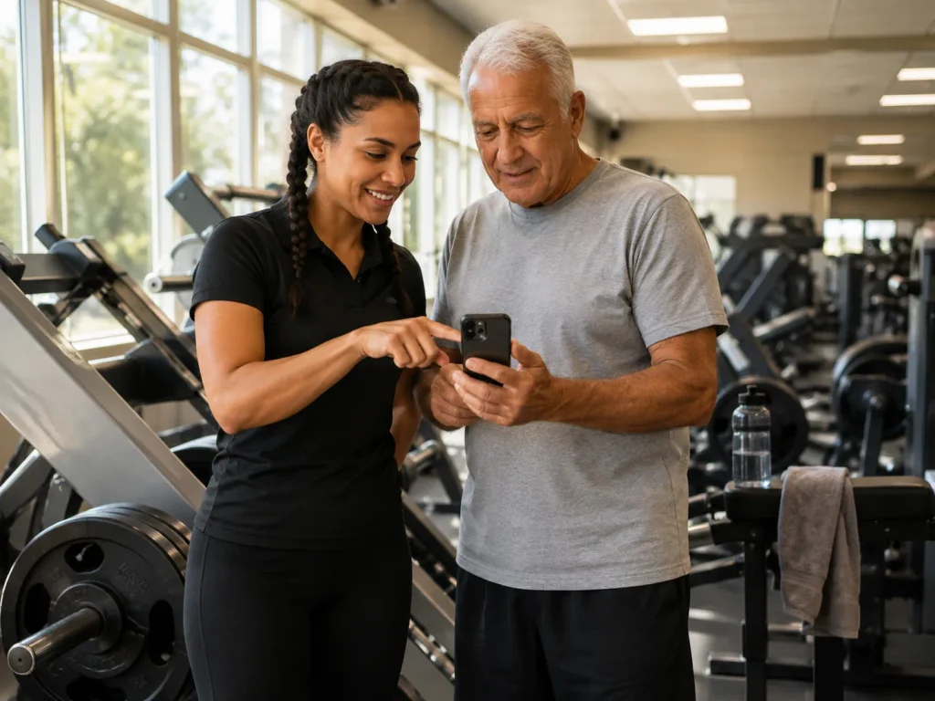 Trainer showing a client his logged workout data on a phone, representing how the Workout Journal surfaces last-session numbers automatically