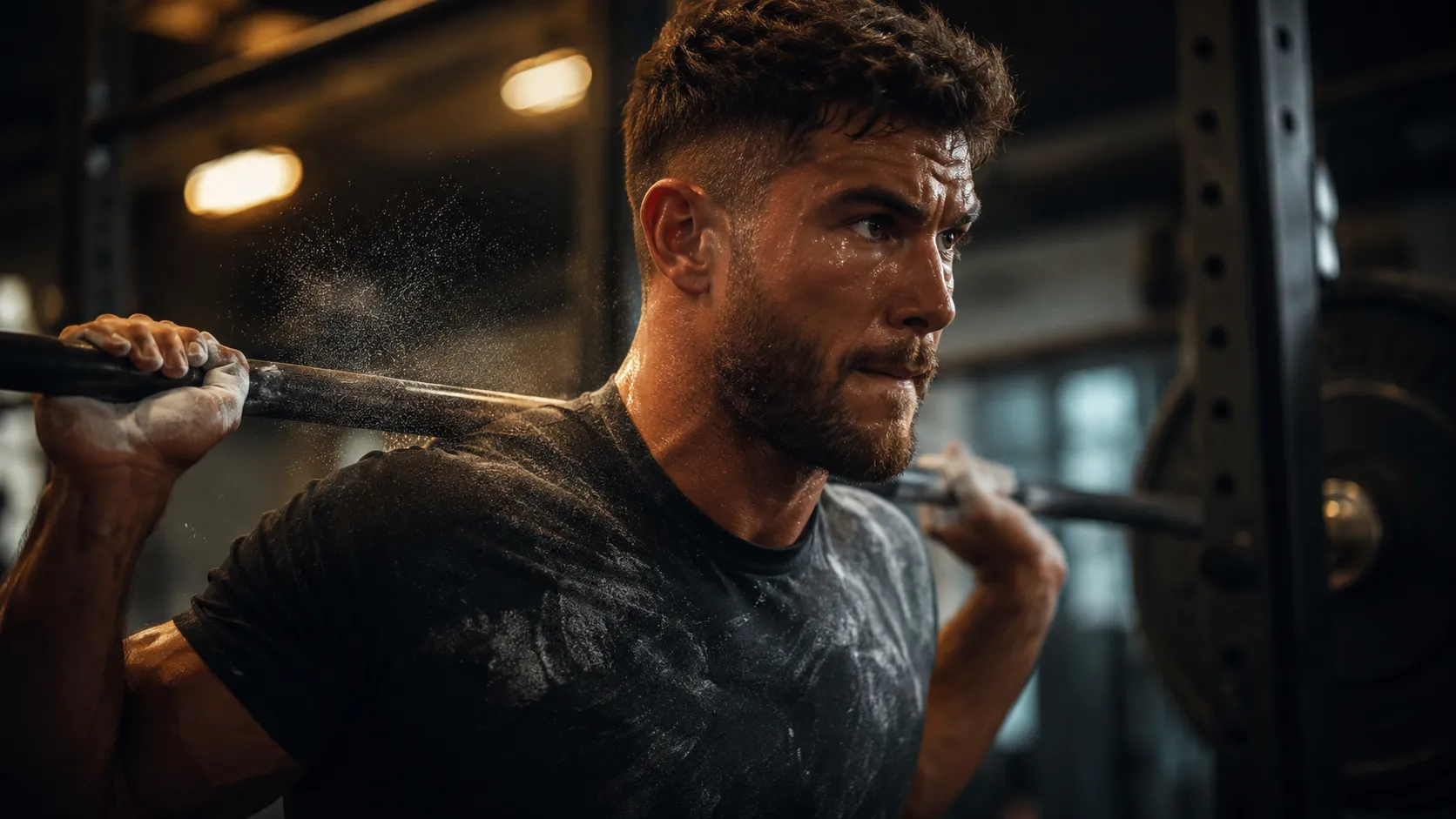 Man mid-rep on a barbell back squat with chalk dust in the air, representing the physical effort behind tracked progressive overload