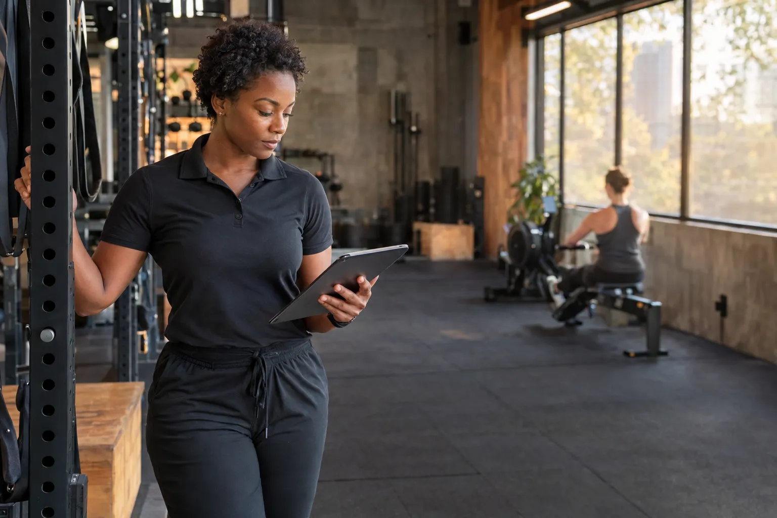 Gym trainer reviewing member engagement data on a tablet to improve retention