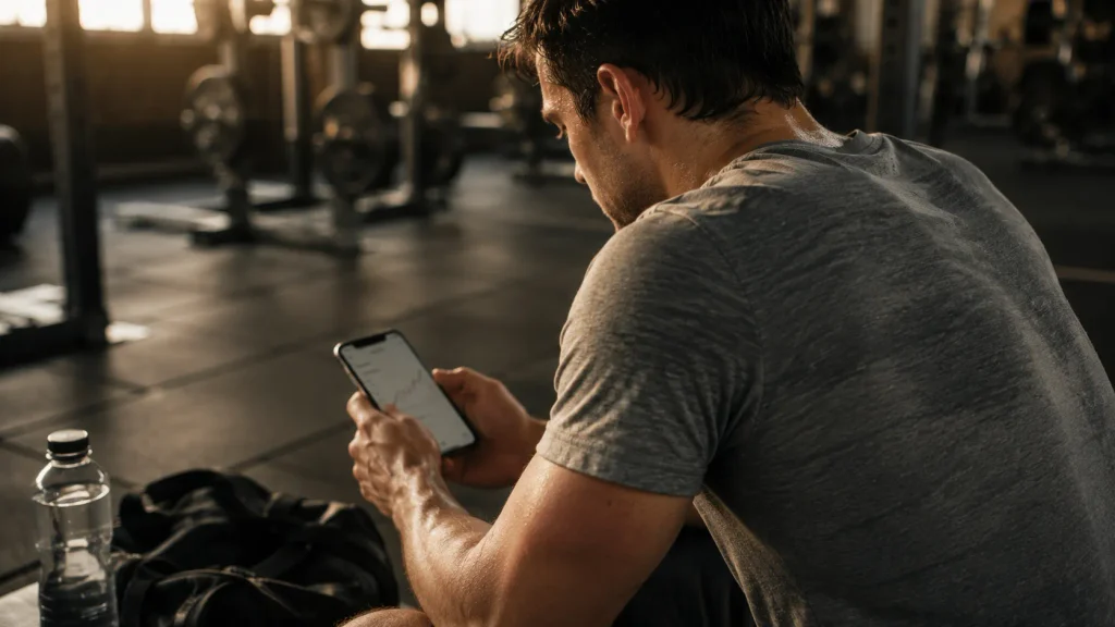 Man reviewing a training trend chart on his phone after a workout, representing spotting real progress versus a plateau