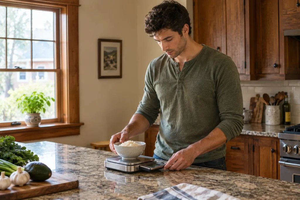 Macro tracking for beginners starts with weighing food in grams on a kitchen scale.