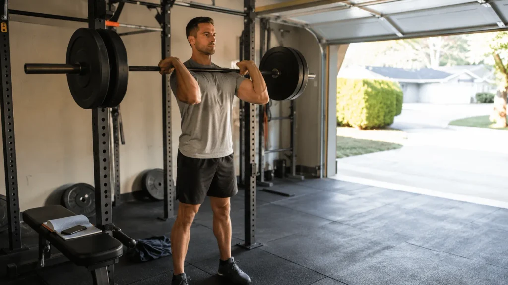 Man racking a barbell in a home gym with a workout notebook and phone on the bench, representing logging exercise, weight, reps, and effort for every set